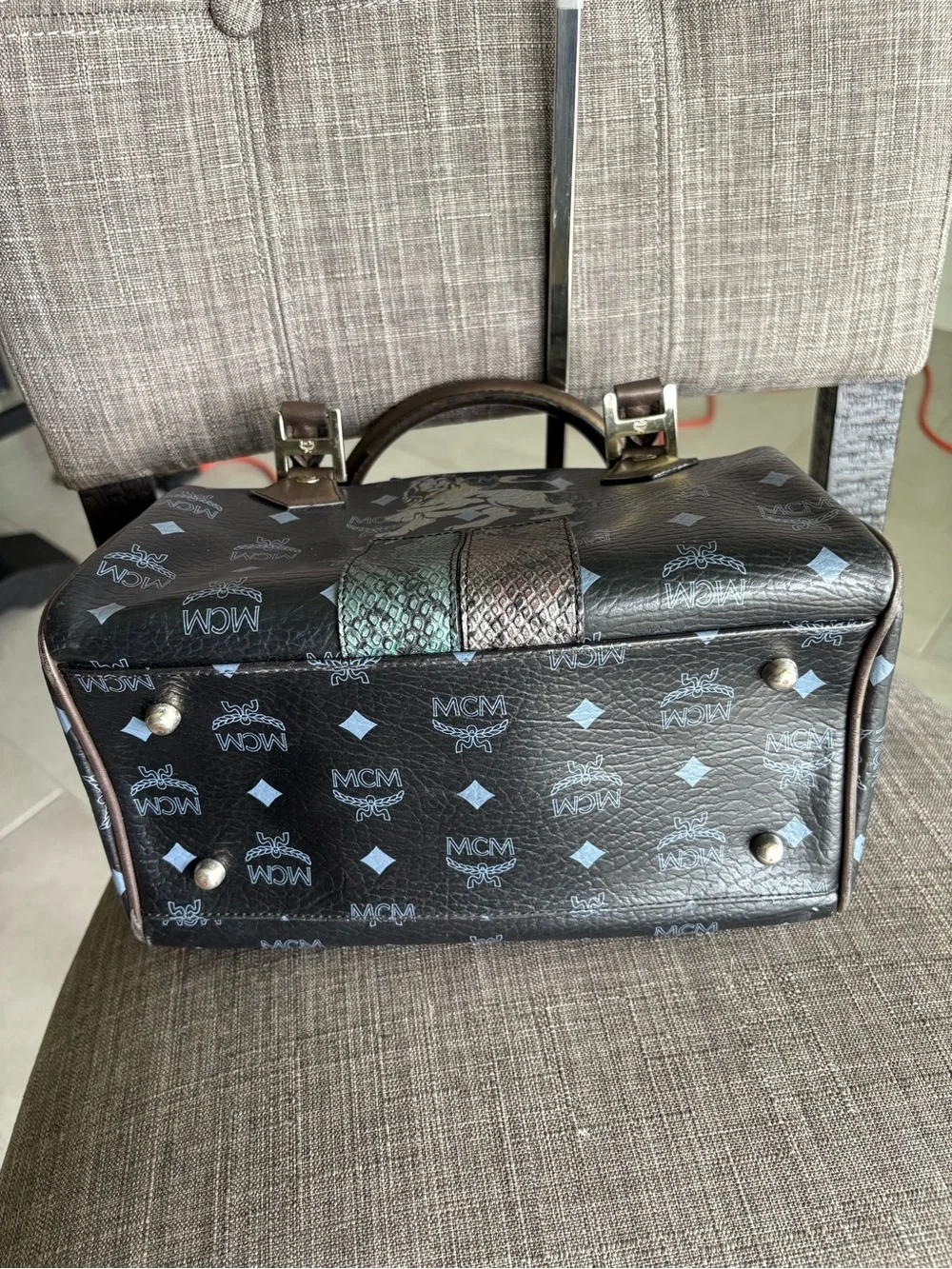 MCM Black Leather Logo Satchel with Brown Handles and Gold Hardware